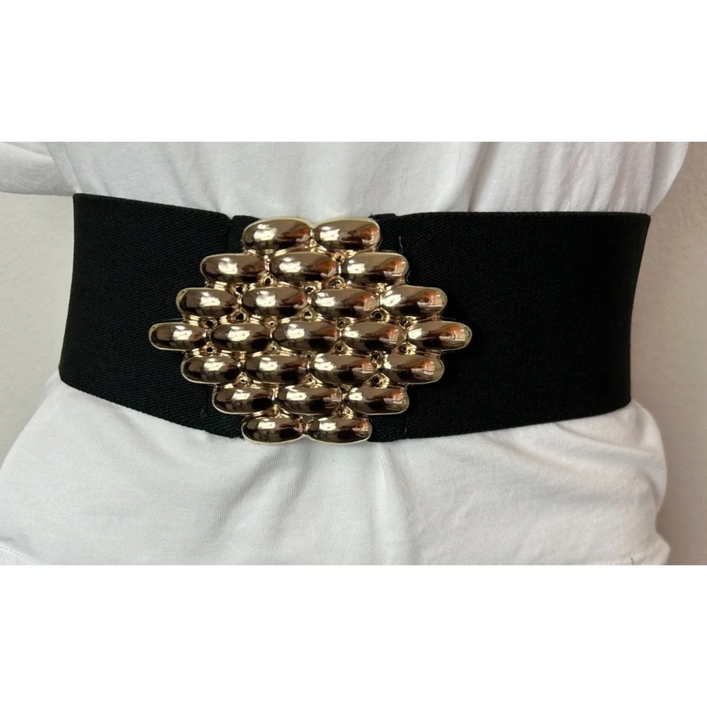 Vintage 80s Black Wide Elastic Waist Belt L Retro Glam Gold Basketweave Buckle